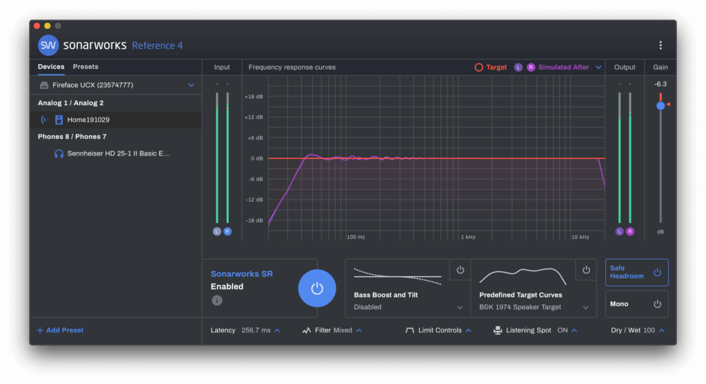 Sonarworks Reference 4 Systemwide で補正された後